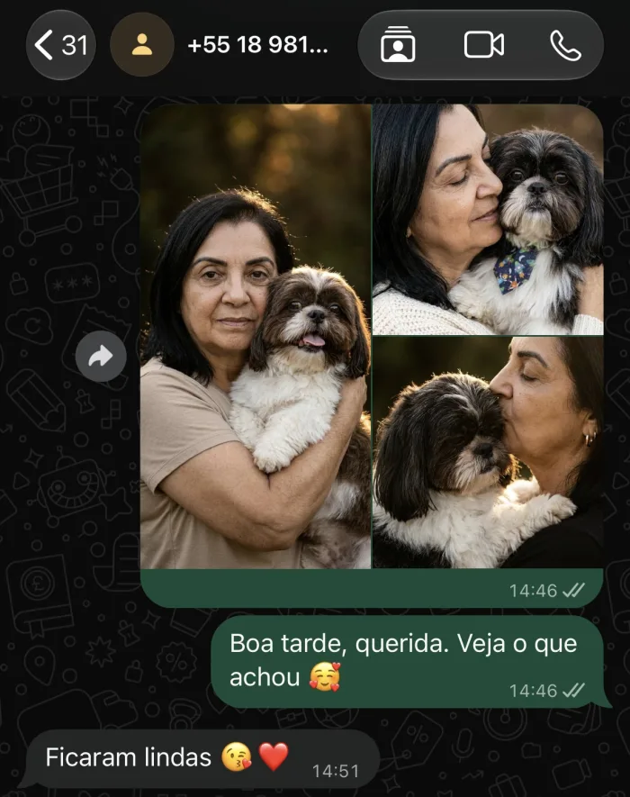 Print do WhatsApp com três retratos de tutora e pet; a cliente responde: Ficaram lindas.